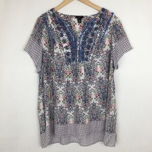 Intro Ditsy Floral Paisley Print Top Beaded V-Neck Women’s Size 2X Lightweight